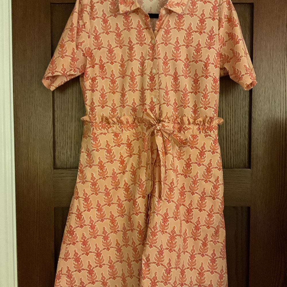 Spartina 449 Peach Floral Block Print Button Front Dress Size Large Pockets